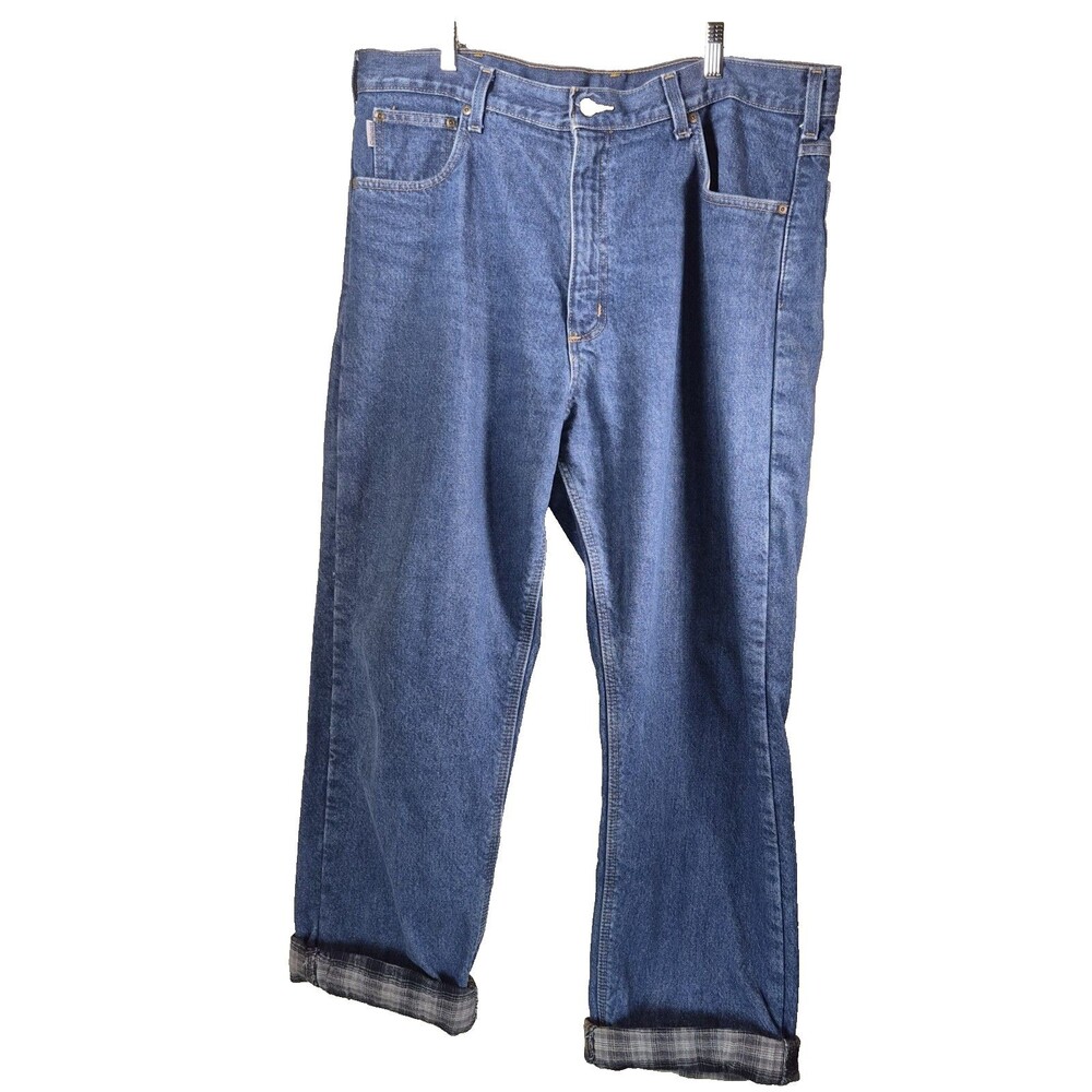 Carhartt Flannel Lined Jeans Mens 38x34 Relaxed Fit Plaid Denim Work Pants